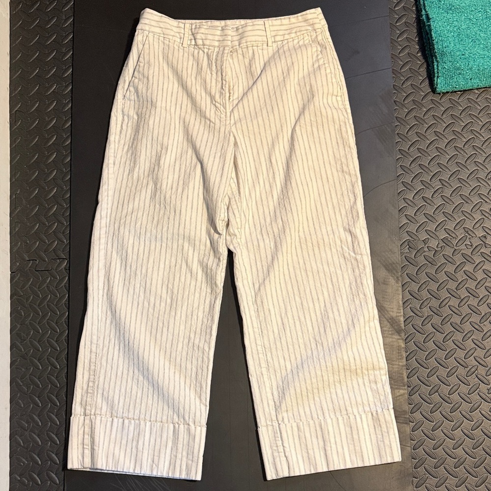 LOFT Cuffed ankle pants in striped cotton linen 10, whisper white